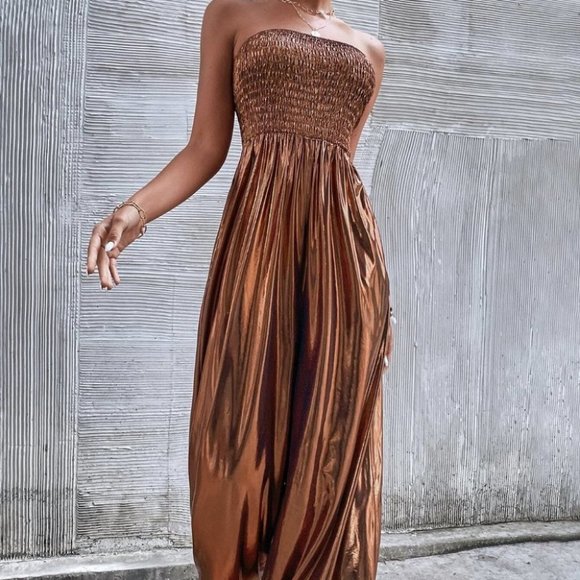 METALLIC BRONZE SHIRRED TUBE POCKETED JUMPSUIT TRENDING FALL ELEGANT PARTY - Picture 5 of 6